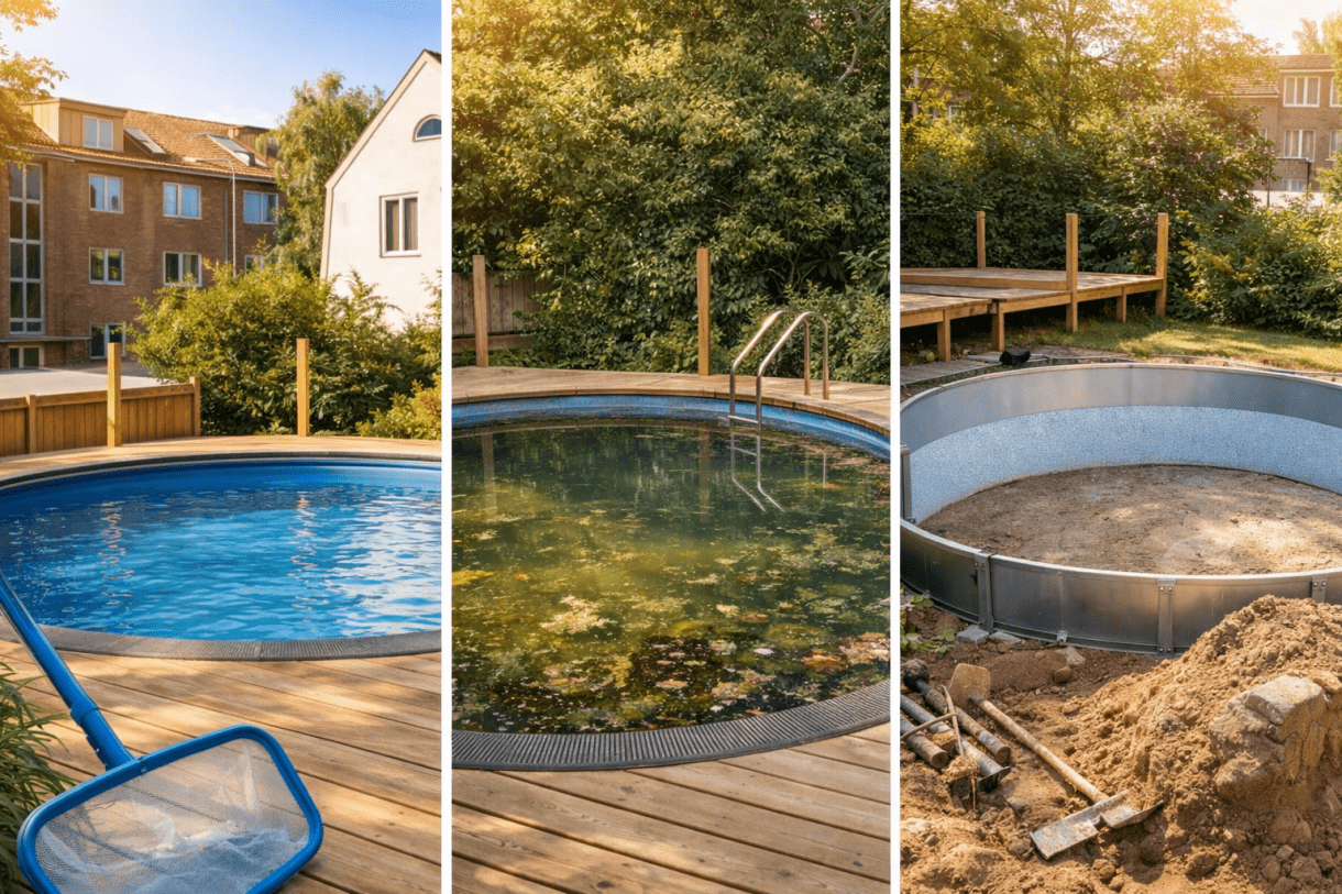 Tre stadier av pool – ren swimmingpool, smutsig pool med löv och pågående poolbygge i trädgård