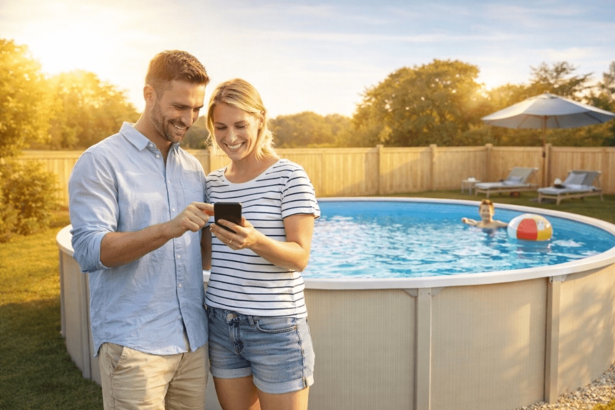 Man och kvinna tittar i app, medans barn leker i poolen i bakgrunden