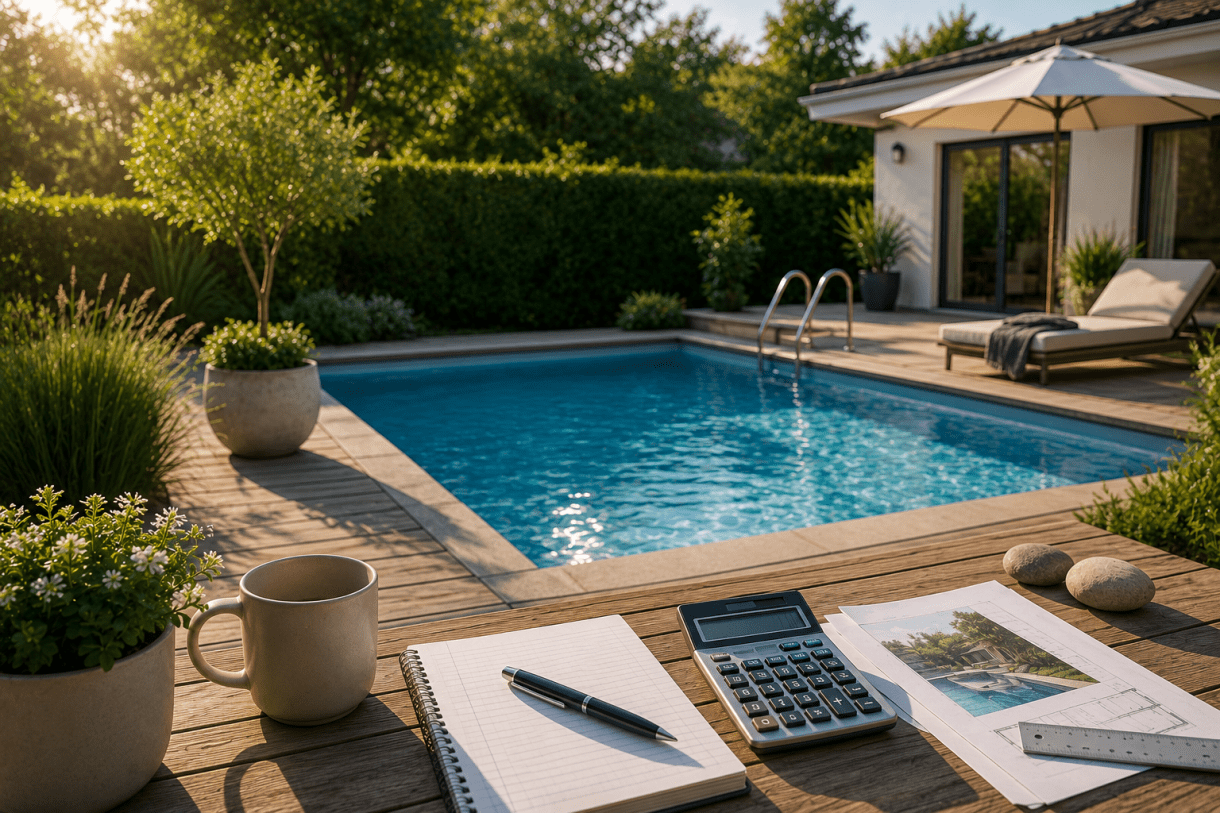 Planering av swimmingpool i modern villaträdgård med pool, kalkylator och ritningar på ett träbord i kvällssol.